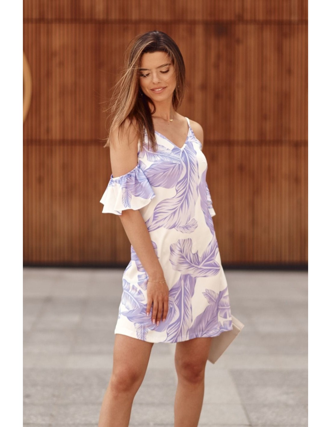 Slip dress with sleeves with purple leaves, cream PR3215 - Online store - Boutique